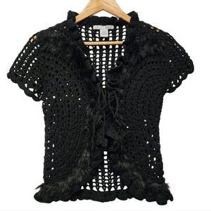 Vintage Rxb Black Crochet Short-Sleeve fur trimmed ruffled Sweater